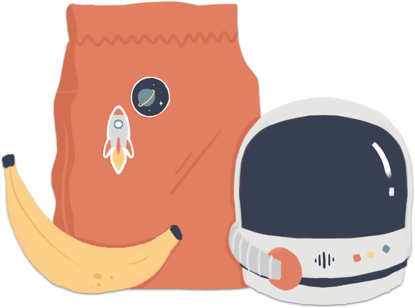 Una bolsa de papel con estampas, un plátano y un casco de astronauta